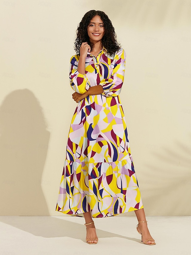  Satin Color Block Pattern Print Maxi Dress