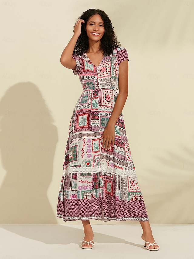  Rainbow Geometric Lace Maxi Dress