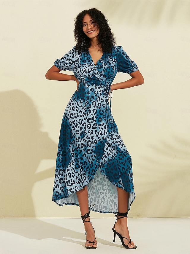  Satin Leopard Print Cross Collar Maxi Dress