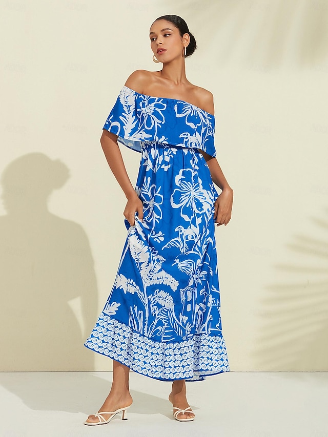  Blue Floral Ruffle Off Shoulder Maxi Dress