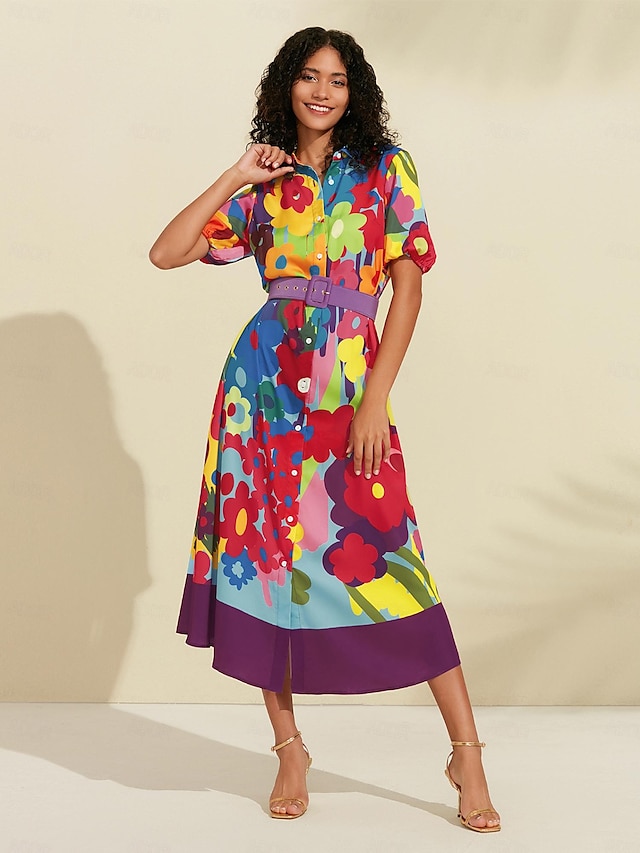 Satin Rainbow Floral Print Belted Midi Shirt Dress