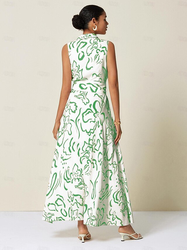 Short-Sleeve Band Collar Print Maxi A-Line Dress main image 0