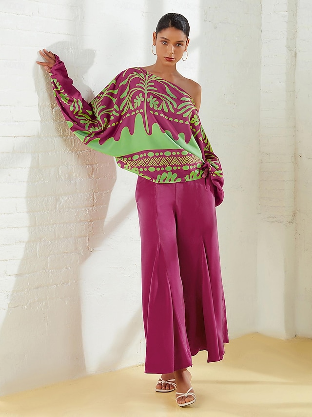  Satin Floral Top & Solid Color Pants Two-piece Set