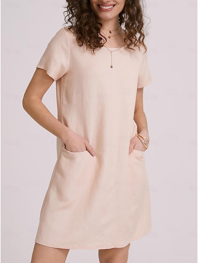  Women‘s Shift Dress Knee Length Dress Short Sleeve Pure Color Pocket Spring Summer Crew Neck Basic Casual Classic Loose 2023 S M L XL 2XL 3XL 4XL 5XL / Cotton