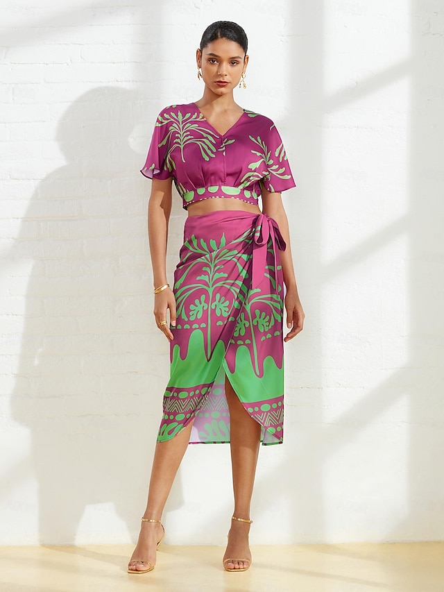  Satin Floral Sleeve Tie Back Top &  Satin Floral Midi Skirt Set