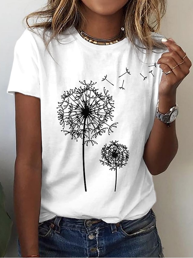  Women's T shirt Tee Black White Yellow Print Butterfly Dandelion Casual Holiday Short Sleeve Round Neck Basic Regular Floral Painting S