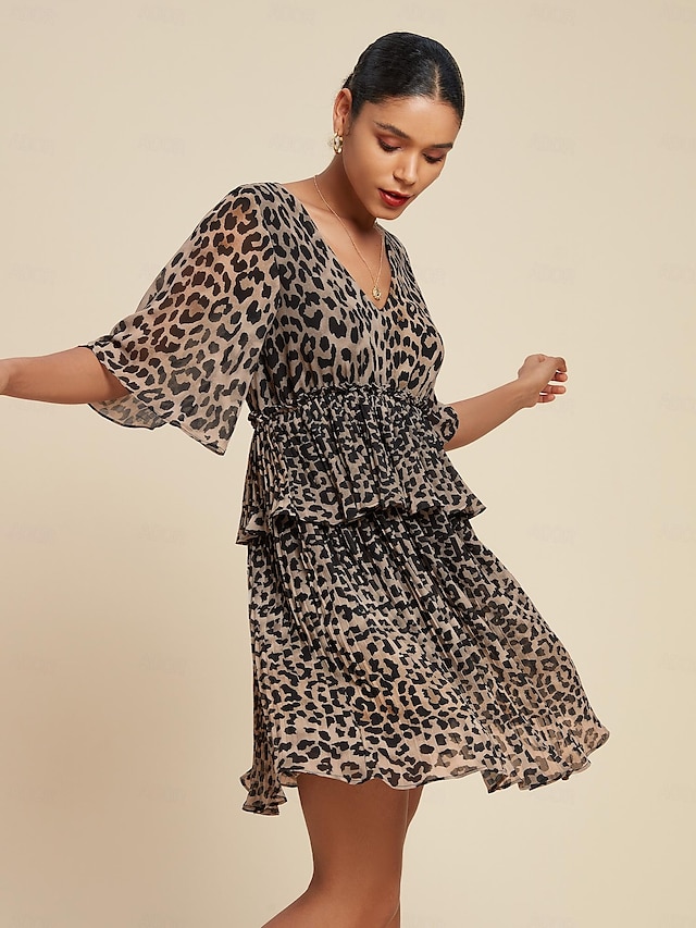  Pleated Leopard Print V Neck Chiffon Dress