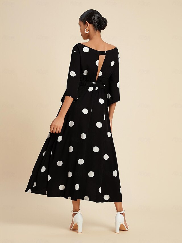 Santa Fe Dress, Long, 3/4 Sleeve, Black Dot