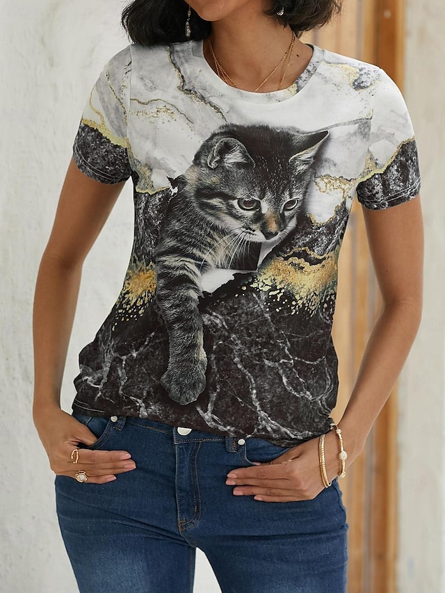  Damen T Shirt Graphic Katze 3D Schwarz Weiß Blau Kurzarm Bedruckt Vintage Täglich Wochenende Rundhalsausschnitt Regular Fit