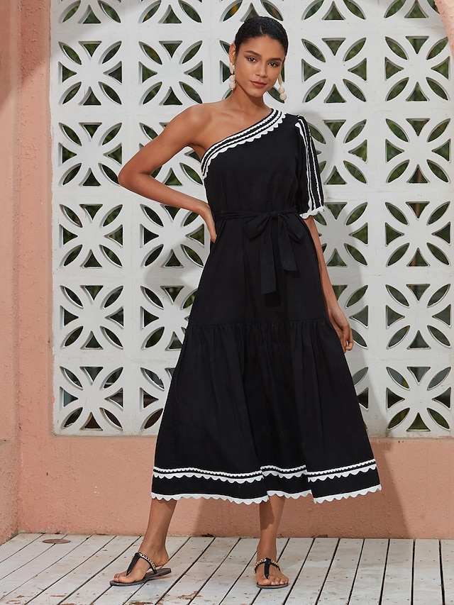  Brand Cotton Design Contrast Material Web One Shoulder Midi Dress