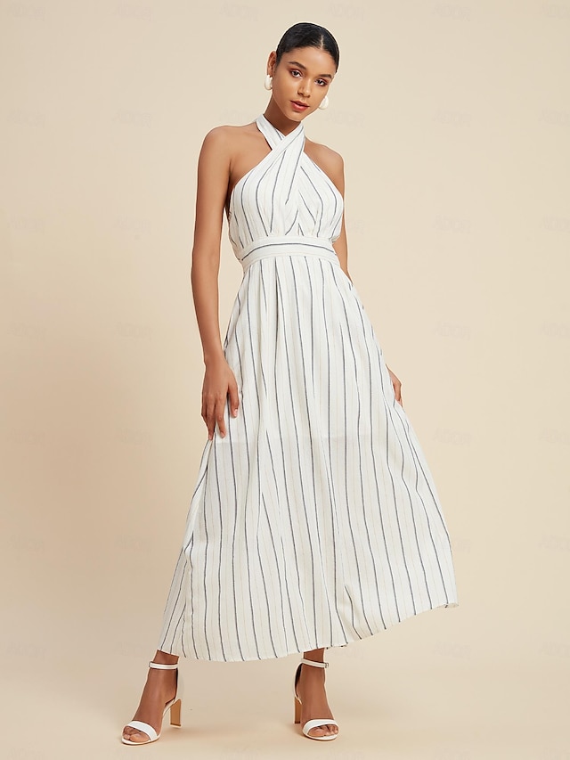  100% Cotton Stripe Tie Back Halter Sleeveless Maxi Dress