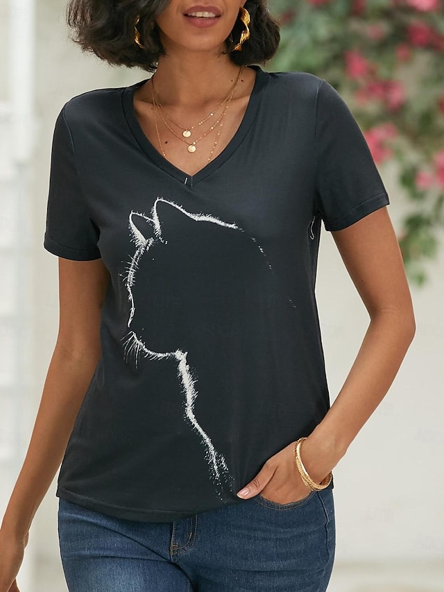  Damen T Shirt Katze Graphic Täglich Wochenende 3D Cat Kurzarm T Shirt V Ausschnitt Bedruckt Basic Schwarz S / 3D-Druck