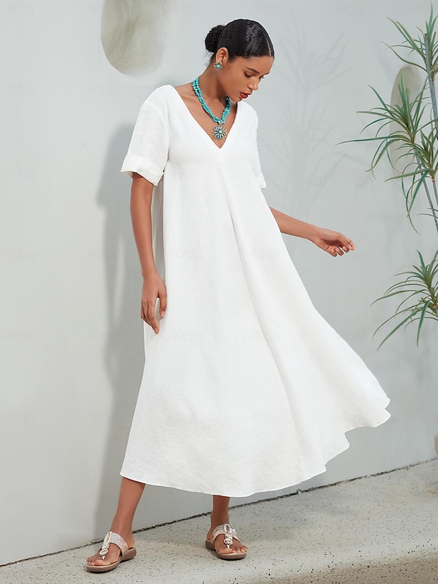  Cotton Linen A Line Solid Maxi Dress