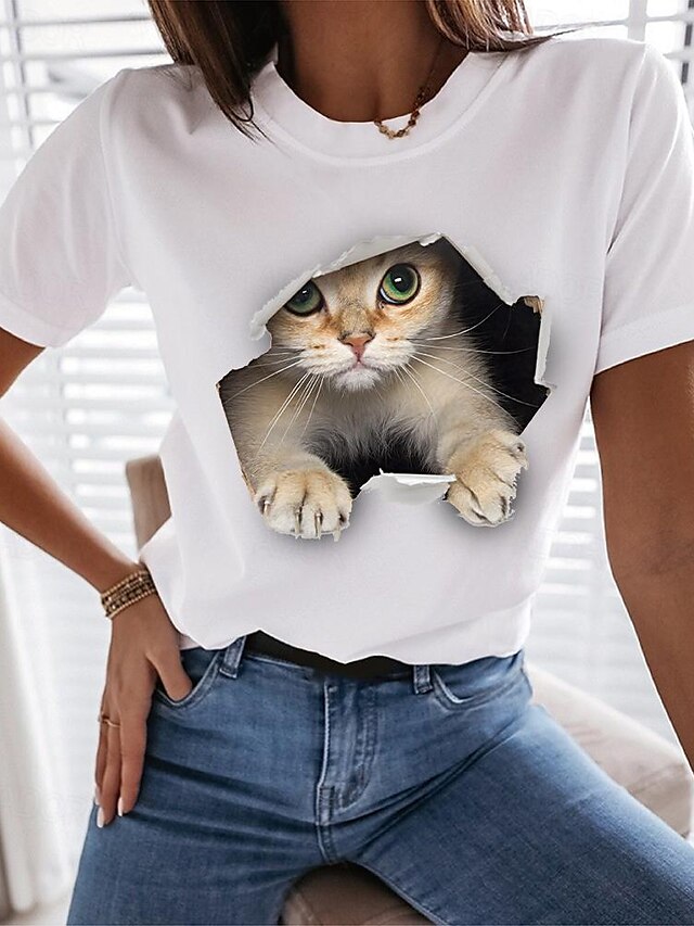  3D kat Dame T-shirt Sjov T -shirt Grafisk Kat 3D 100 % bomuld Sort Hvid Kortærmet Trykt mønster Basale Afslappet Daglig Rund hals Regulær