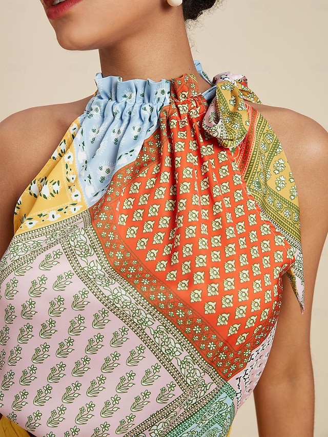  Satin Colorful Silk Scarf Print Stand Collar Tie Sleeveless Top