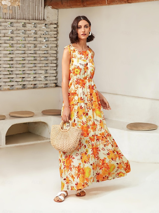  Floral Print Chiffon Swing Maxi Dress