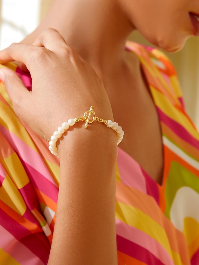  Elegant Pearl Gold Brass Bracelet
