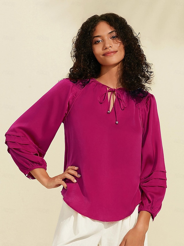  Satin Solid Shimmery Raglan Sleeve Casual Blouse