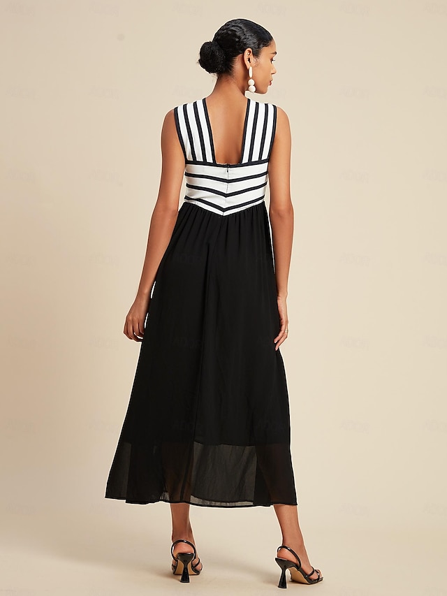  Striped Satin Chiffon Elastic Waist Sleeveless Maxi Dress