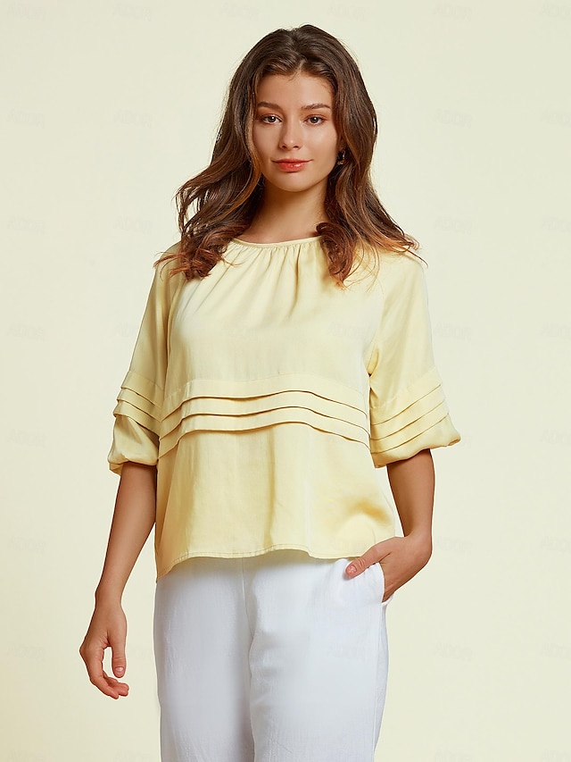  Scoop Neck Pleated Lyocell Blouse