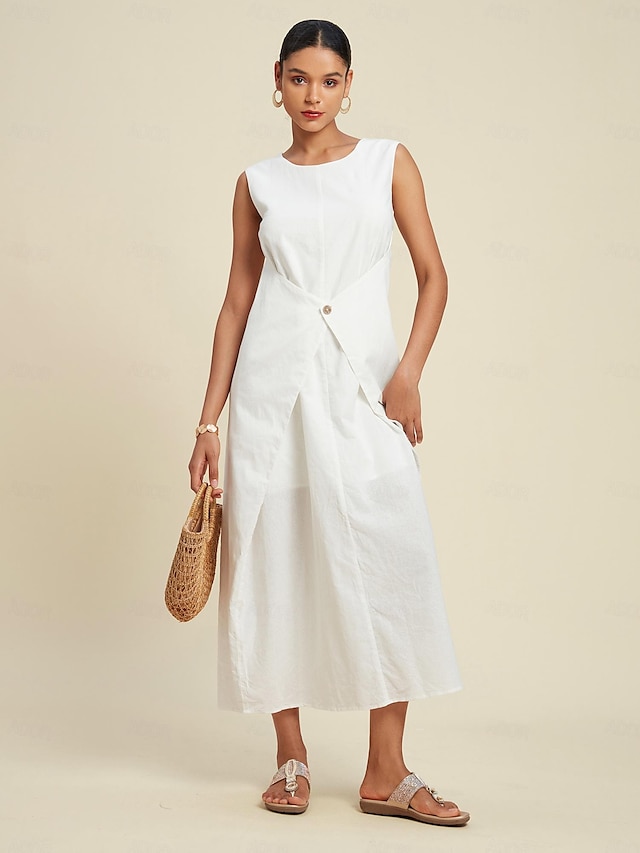  Cotton Linen Sleeveless Maxi Dress