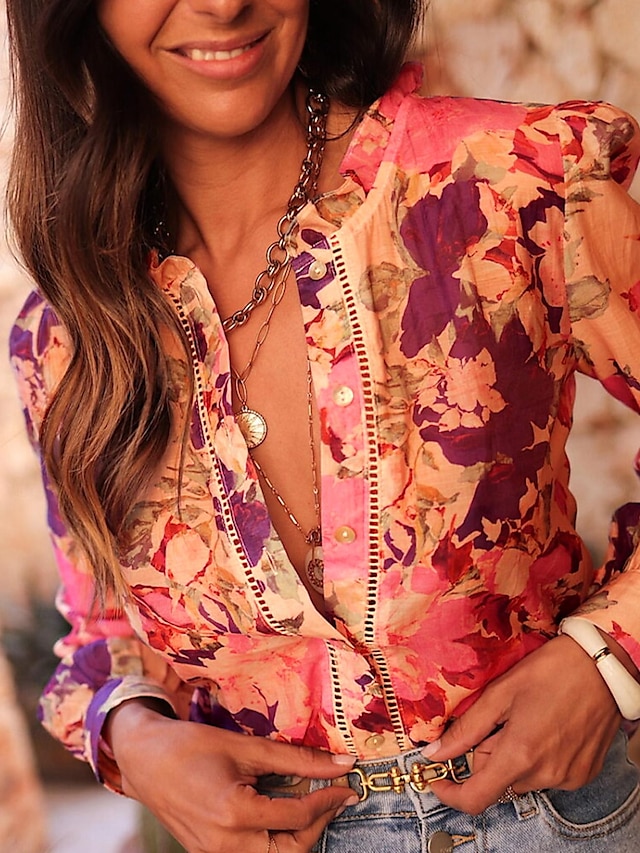  Damen Blumenmuster Chiffon Hemd langärmeliges Pinkes Bluse mit Reverskragen und Knöpfen