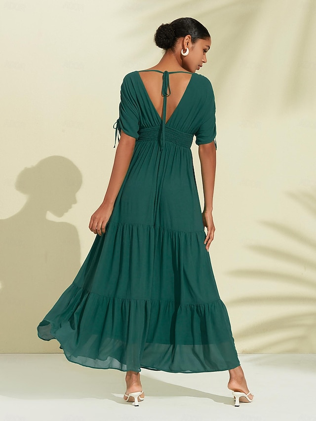 Women's Chiffon Green Halter V Neck Tie Back Smock Maxi