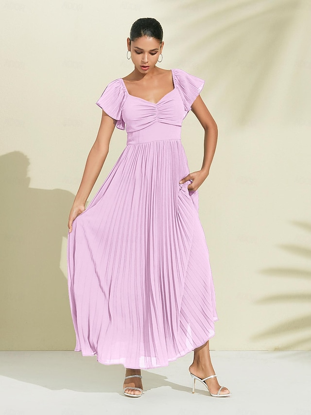 Solid Pleated Sweetheart Maxi Dress