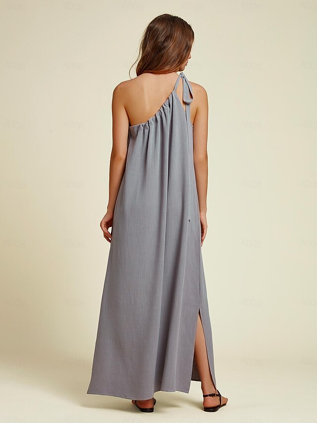  Viscose and Linen Solid One Shoulder Maxi Dress