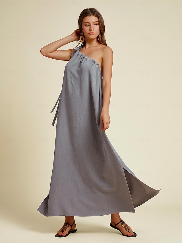  Solid One Shoulder Viscose Linen Maxi Dress