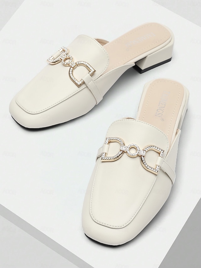  Rhinestone Buckle Leather Loafers