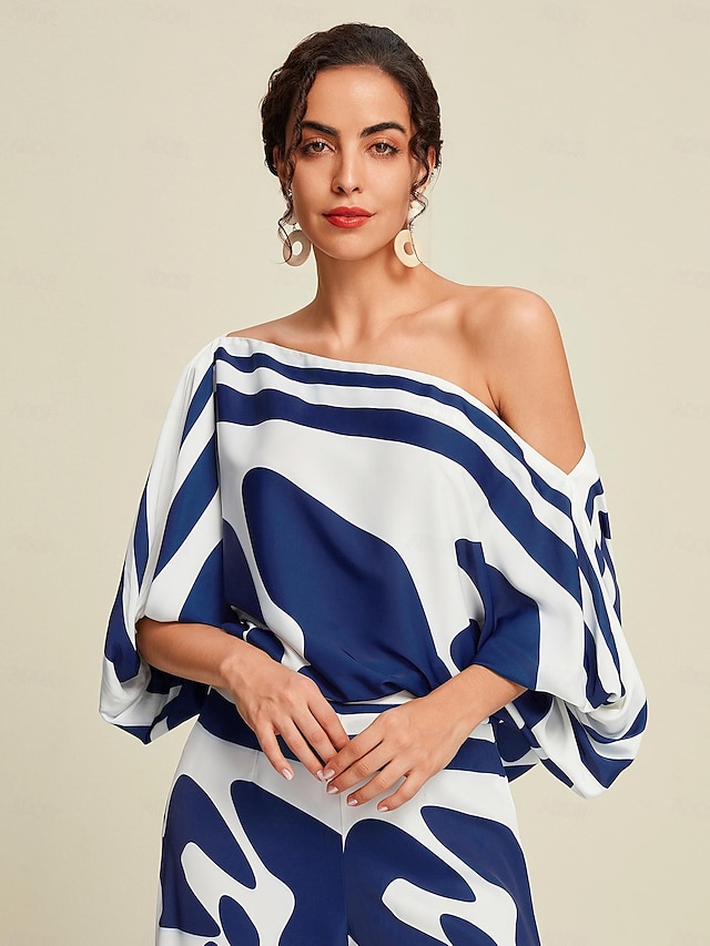  Satin Abstract Puff Sleeve Bateau Blouse