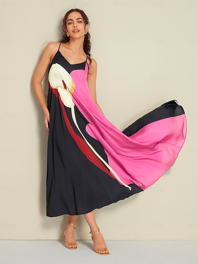  Floral Satin V Neck Swing Maxi Dress