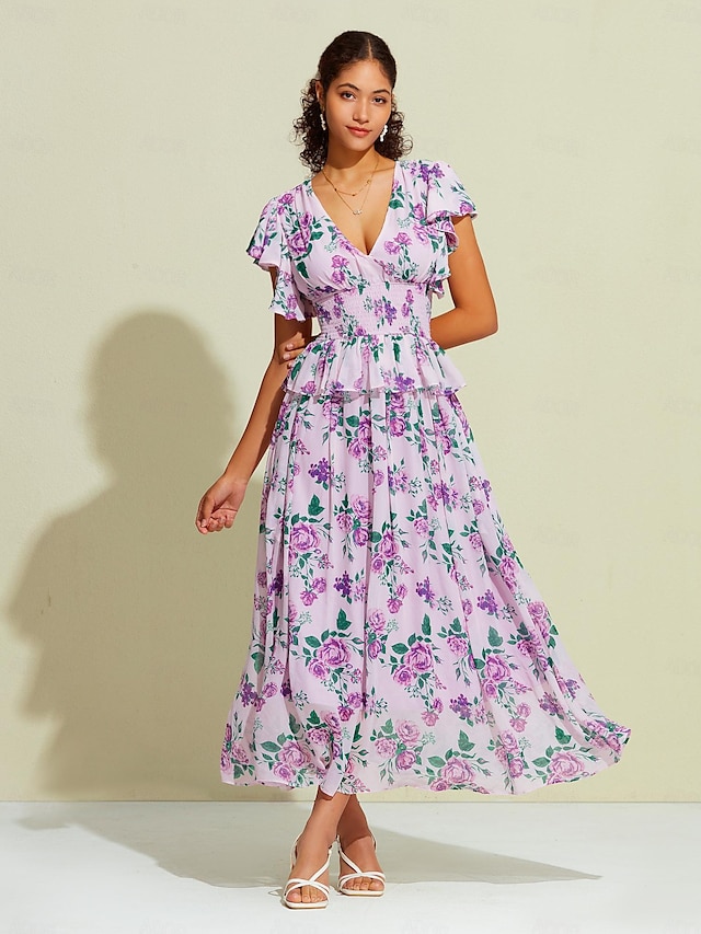  Chiffon Flutter Sleeve V Neck Maxi Dress