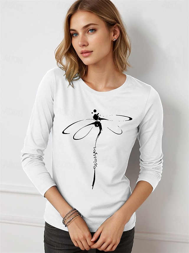  T shirt Femme 100% Coton Dragonfly Manche Longue Col Rond Printemps et Automne Chic Coupe Régulière