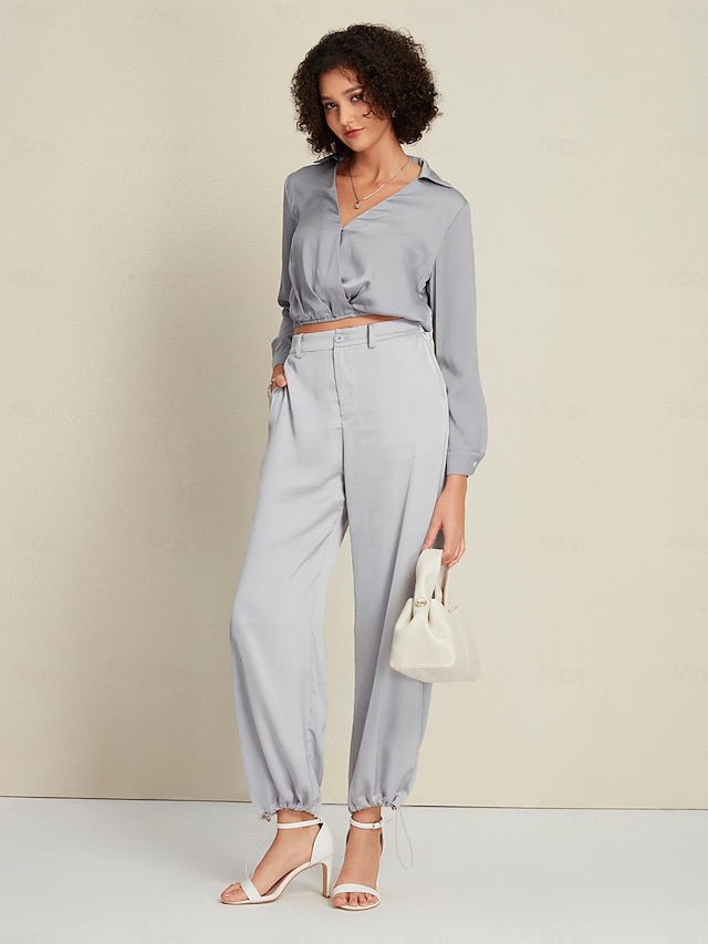  Satin Turndown Long Sleeve Shirt&Satin Elegant Full Length Pants Two Piece Set