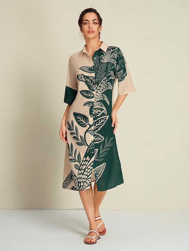  Elegant Leaf Print Half Sleeve Midi Dress Shirt