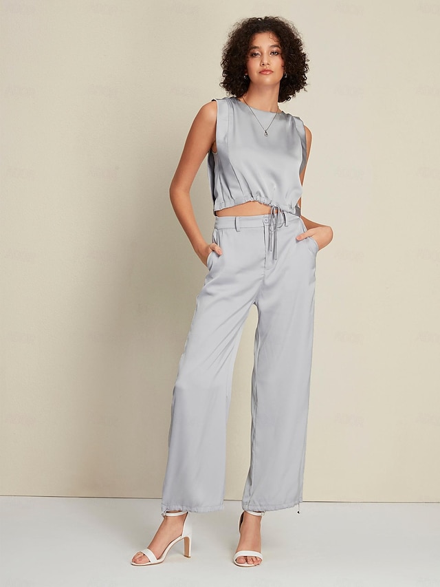  Satin Drawstring Round Sleeveless Tank&Satin Elegant Full Length Pants Two Piece Set