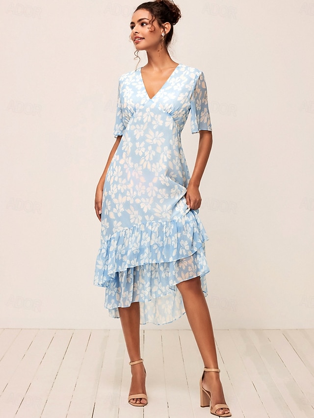  robe midi en mousseline à imprimé floral et col en V pour les vacances et l'été
