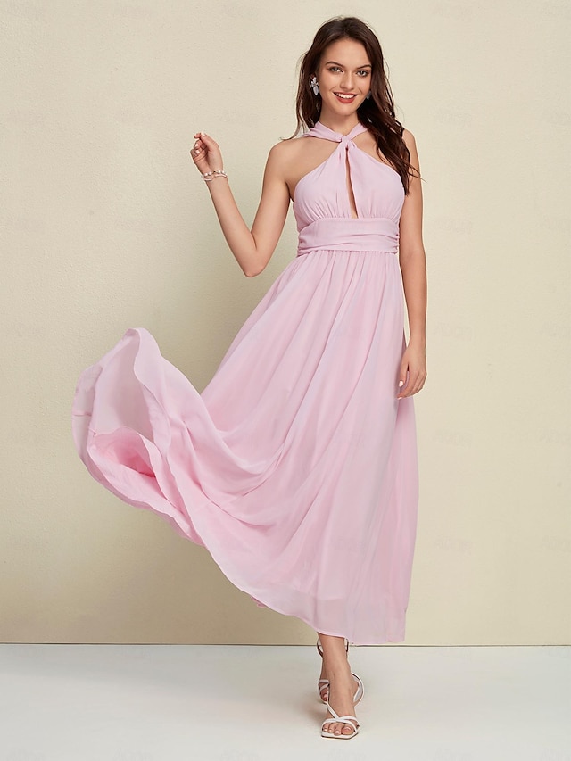 Bell Jadin Chiffon Dress ピンク Chiffon Wedding Guest Halter Neck Sleeveless Midi Dress Ador