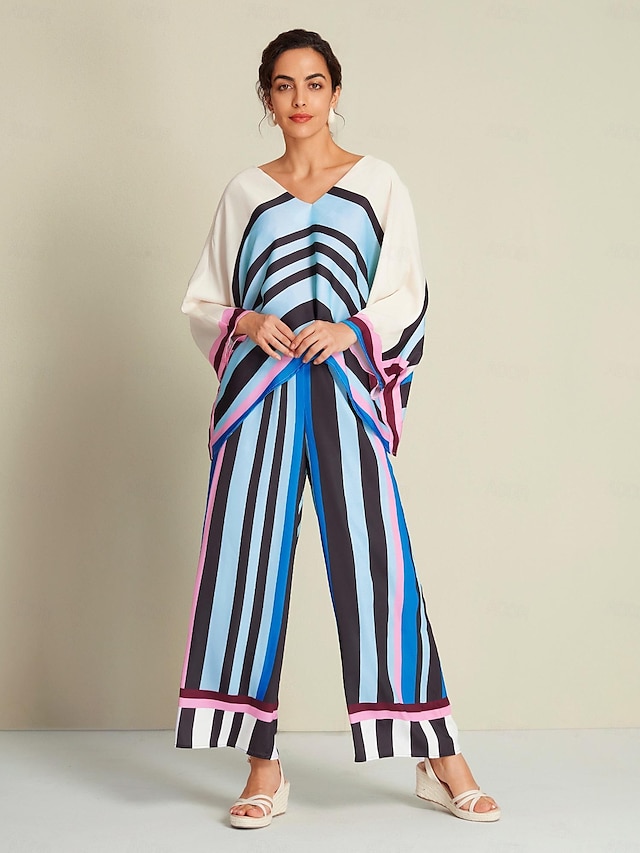  Satin Stripe Magyar Sleeve Blouse&Satin Casual Wide Leg Maxi Pants Two Piece Set