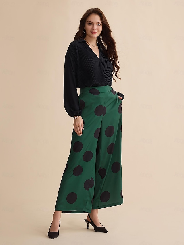  Pleated Long Sleeve Casual Deep V Shirt & Polka Dot Pants Two Piece Set