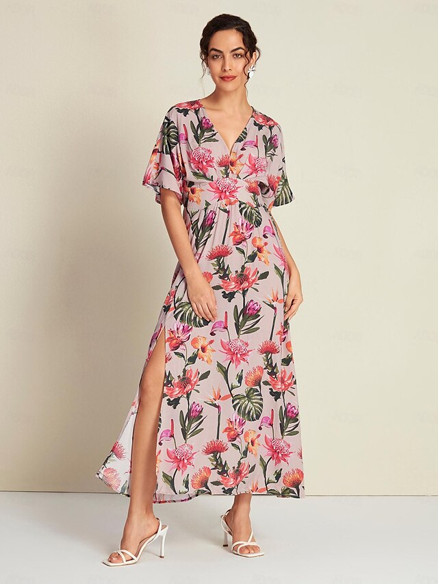  Floral Rayon V Neck High Waist Maxi Dress