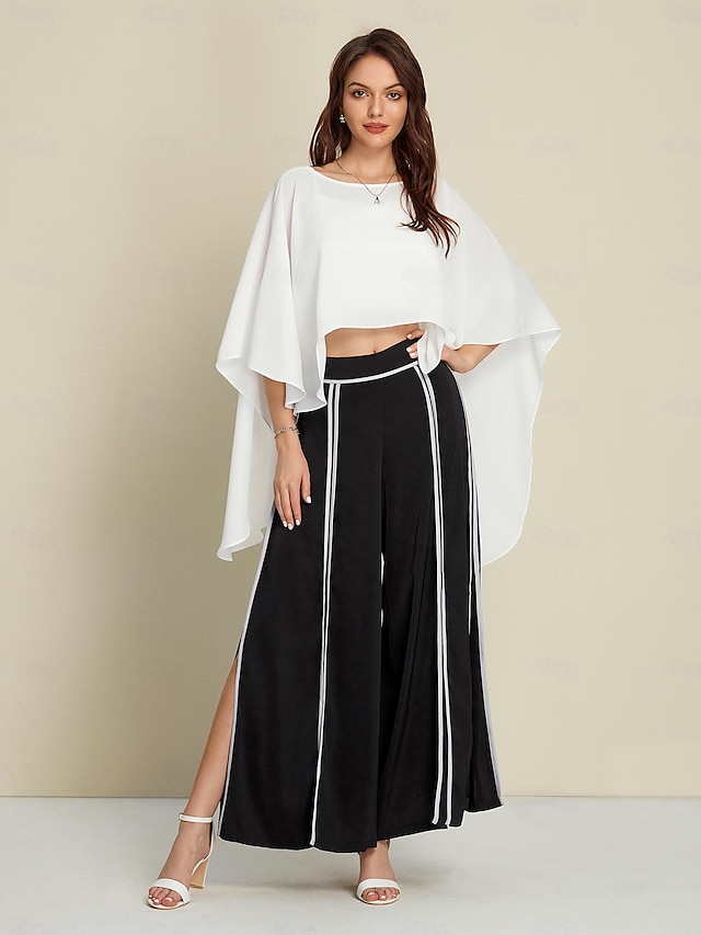  Chiffon Irregular Hem Blouse & Satin Contrasting Binding Process Two Piece Set