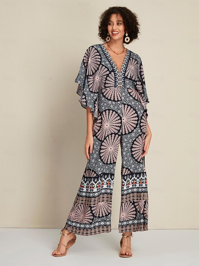 Satin Folk Print Magyar Sleeve Deep V Neck Jumpsuit