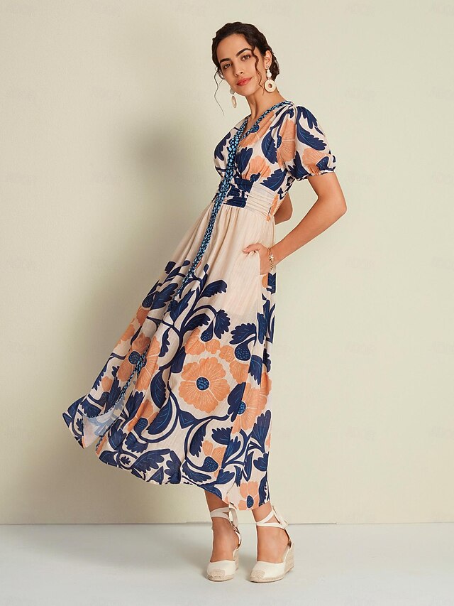 Rainbow Print Long Sleeve V-Neck Printed High Waist Maxi Dress