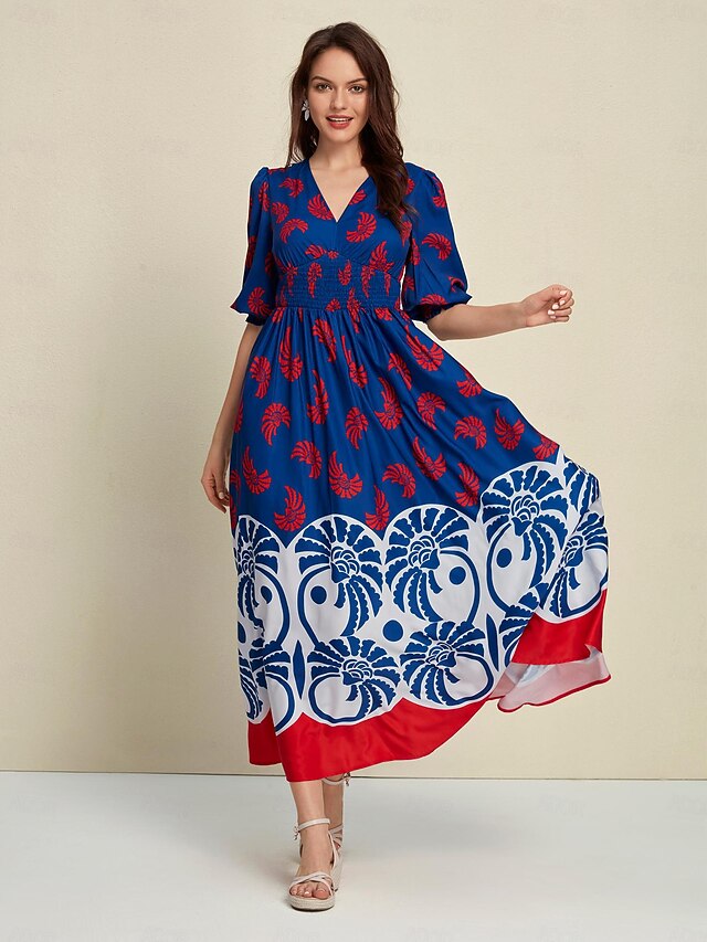 Satin Swing Floral Smocked 3/4 Length Sleeve V Neck Maxi Dress