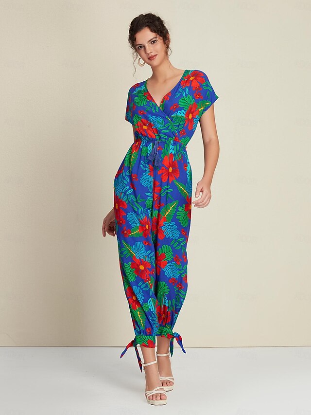  Drawstring V Neck Short Sleeve Jumpsuit