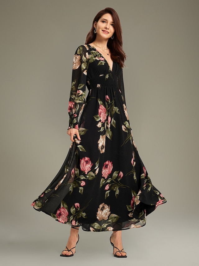  Floral Chiffon Ruched V Neck Maxi Dress