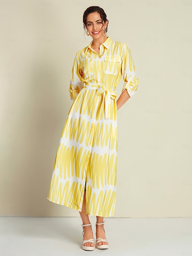  Satin Lines Shirt Collar Maxi Shirt Dress